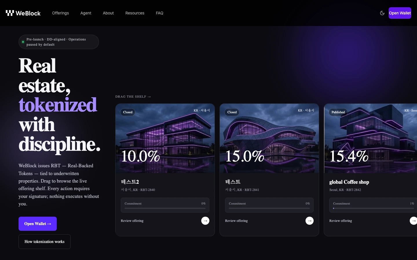 WeBlock platform interface showing tokenized real estate offerings with yield percentages